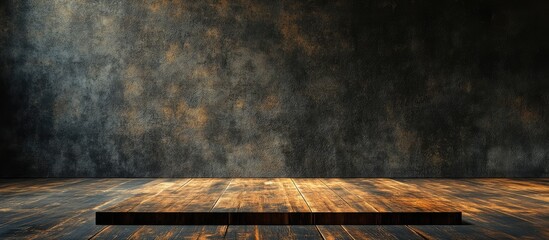 Abstract Dark Grunge Interior with Textured Wall and Empty Wooden Surface for Key Concept with Copyspace for Text and Design Elements