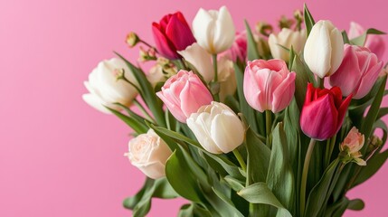 Fototapeta premium Elegant white invitation mockup with colorful roses and tulips on a soft pink background perfect for weddings or events