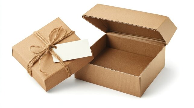 Open cardboard box with twine and blank tag isolated on white background for packaging and gift presentation concepts.