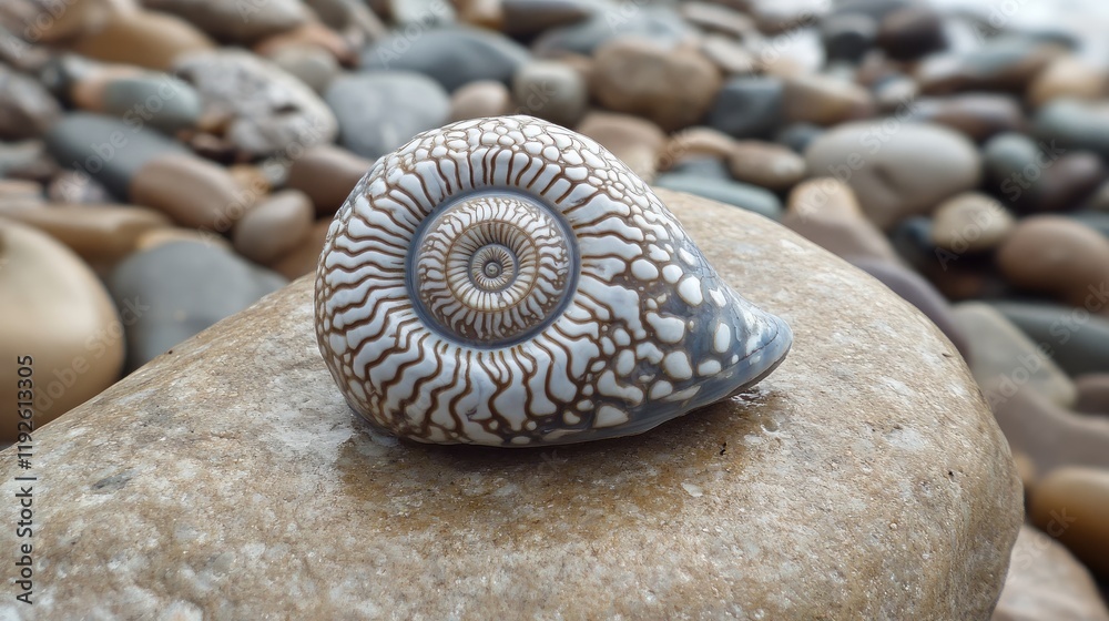 Poster Unique sea shell resting on a smooth pebble amidst a tranquil pebbled seashore landscape showcasing natural coastal beauty.