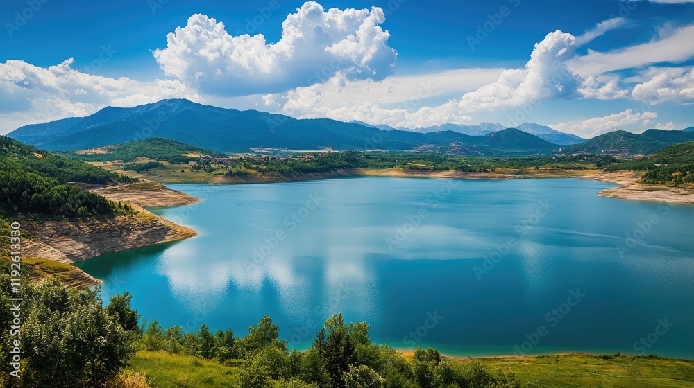 Poster scenic view of a tranquil large reservoir surrounded by mountains and lush greenery under a vibrant 