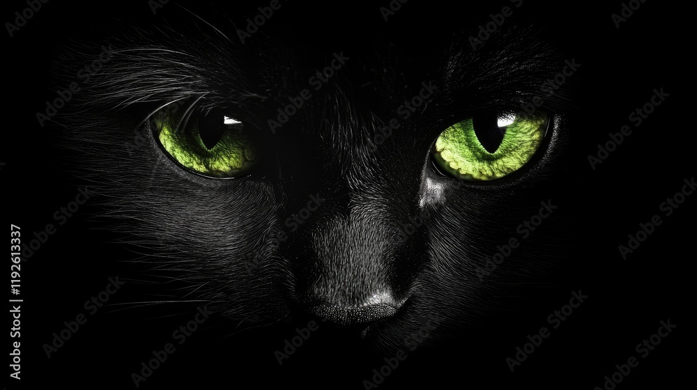 Poster black cat with captivating green eyes and a striking gaze against a dark background ideal for text p
