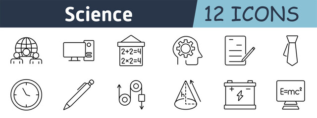 Science and education set icon. Globe, computer, chalkboard, brain, learning tools, pen, clock, formula, measurements, energy storage