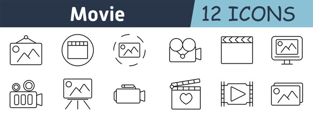 Movie production set icon. Video editing, camera, film roll, stage, clapperboard, gallery, monitor, media tools, recording, visuals