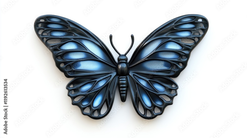 Poster blue metallic butterfly on a white background showcasing intricate wing patterns and textures of a s