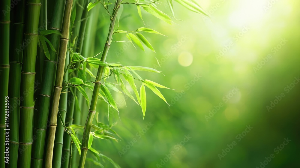 Poster Lush bamboo forest background with vibrant green leaves and soft light creating a serene and tranquil atmosphere for nature themed projects