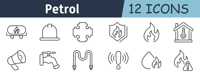 Petroleum resources set icon. Oil truck, flame protection, pipelines, engineer, thermal controls, alert systems, resource management, refinery equipment, energy pricing