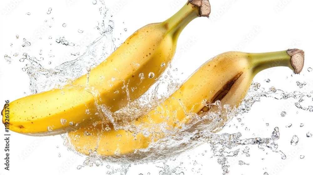 Poster bananas splashing in water creating dynamic motion against a clean white background for fresh fruit 