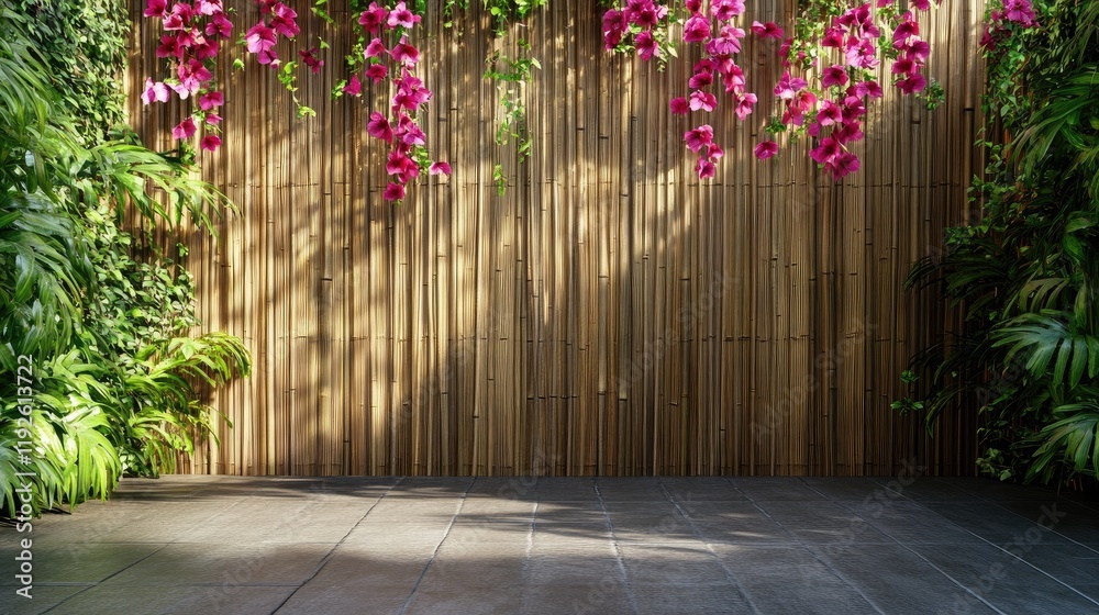 Aufkleber bamboo wall adorned with pink orchids and lush greenery creating a serene outdoor backdrop for tranq