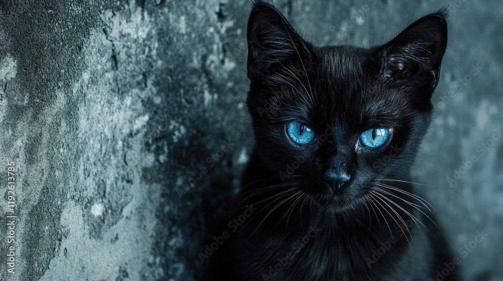 Poster black cat with striking blue eyes against textured background perfect for text overlay and captivati