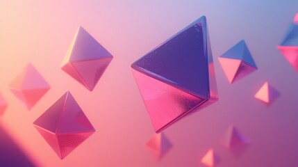 A collection of iridescent purple and blue pyramids floating in a pink and blue gradient background.