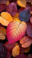 Fototapeta premium A close-up of autumn leaves in various shades, with the focus on one leaf that is slightly colored red and yellow.