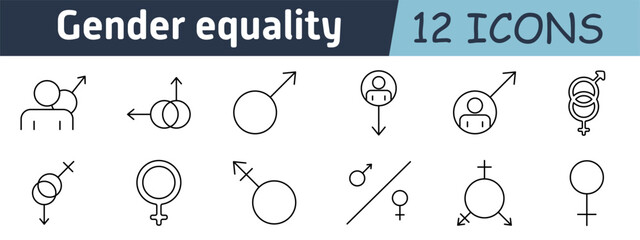 Gender equality set icon. Male and female symbols, overlapping circles, direction arrows, equality signs, gender inclusivity, balance, diversity, empowerment, fairness, social justice