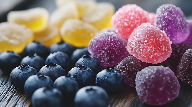 A bunch of blueberries with fizzy sour candies on top