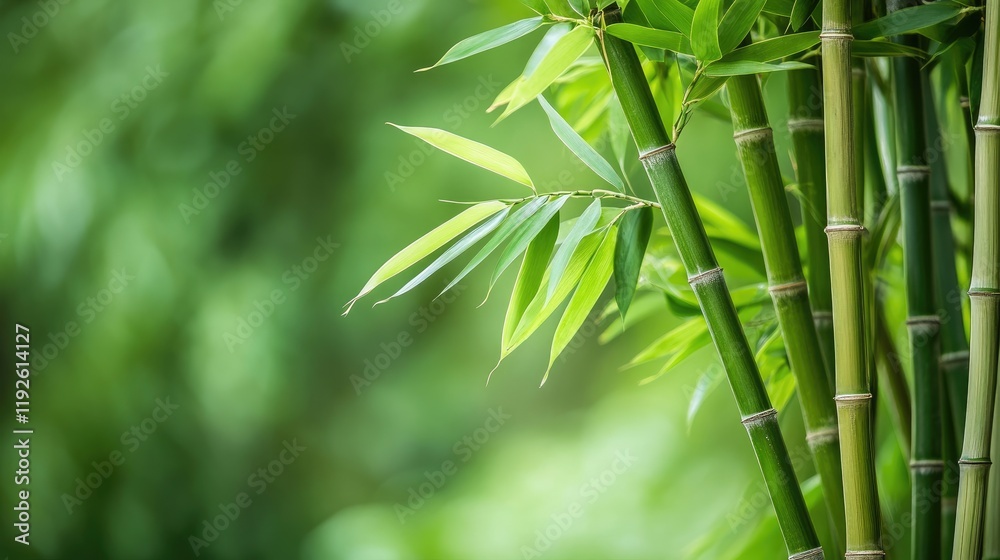 Poster Bamboo trees with lush green leaves and unique trunk shapes creating a serene natural backdrop for design and decor purposes