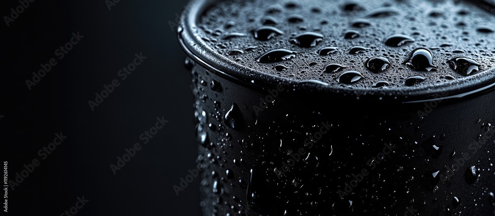 Poster Black coffee cup covered in water droplets against a dark background with ample empty space for customizable text or branding options.