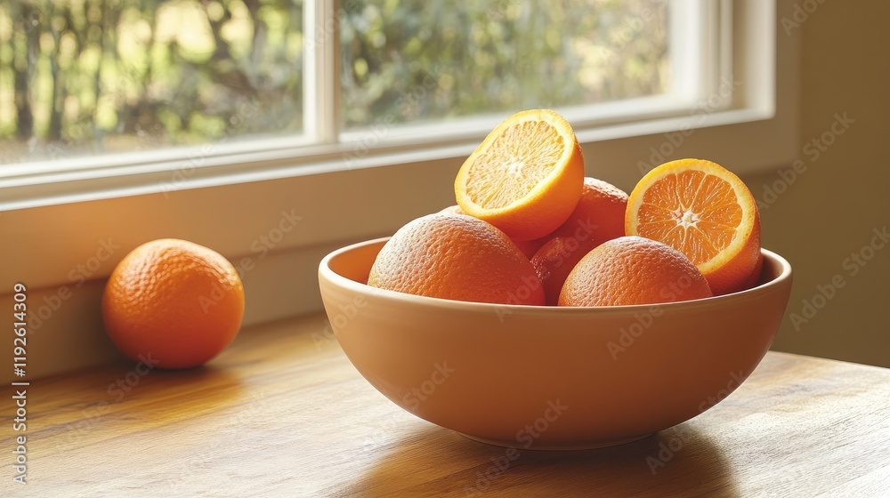 Poster bowl of fresh oranges with one halved orange on wooden table by window creating a warm and inviting 
