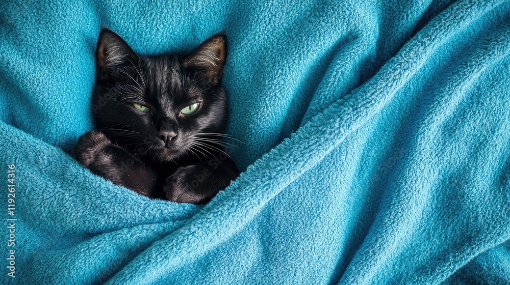 Aufkleber Black cat nestled in blue blanket promoting mindfulness and relaxation with ample copy space for text use in calming themed projects
