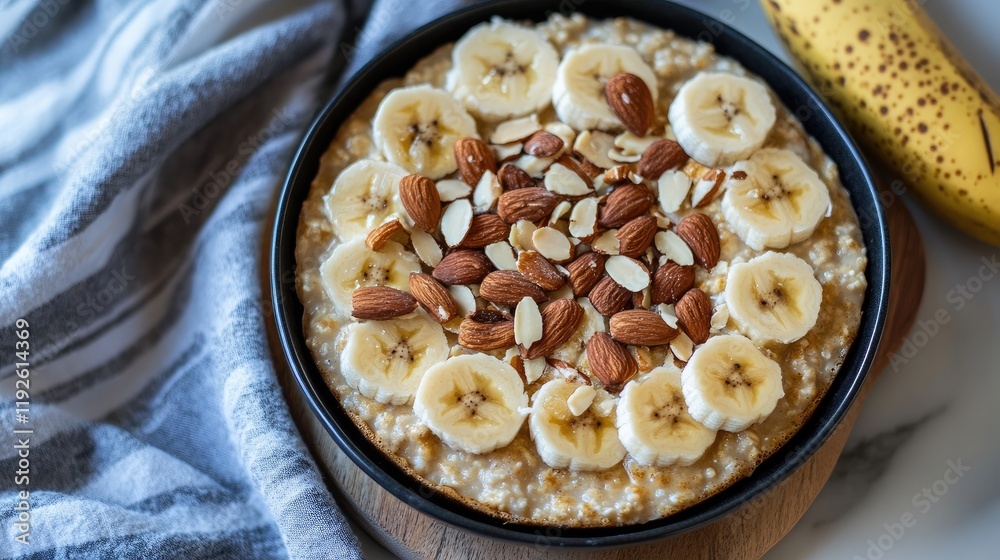 Poster bowl of oatmeal garnished with fresh banana slices and almonds on a wooden serving board with a bana