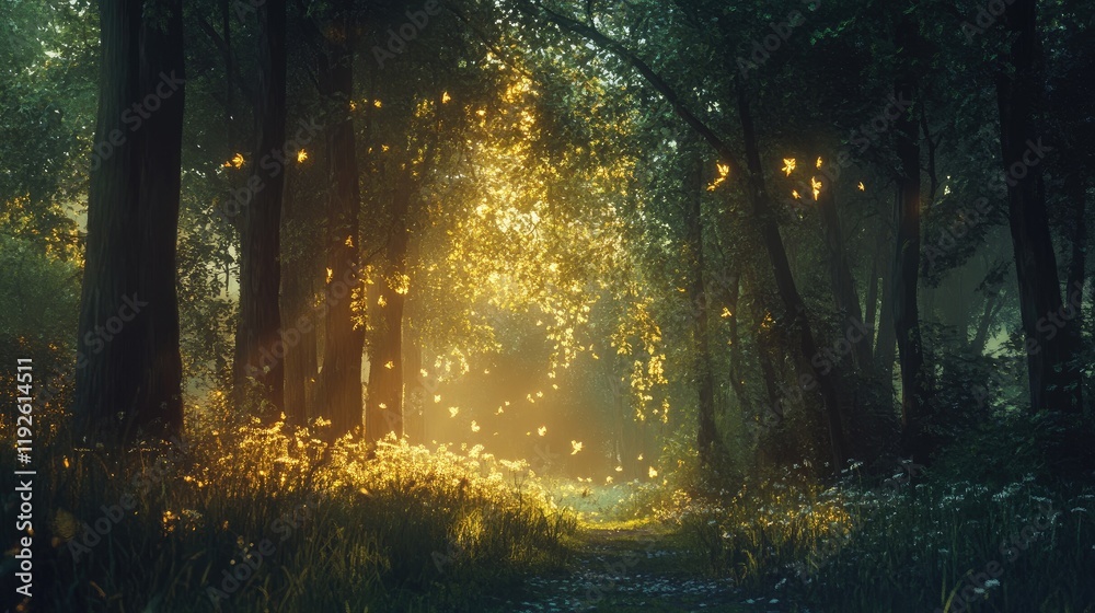 Poster enchanting sunlit forest pathway with glowing lights and blooming flowers creating a magical atmosph