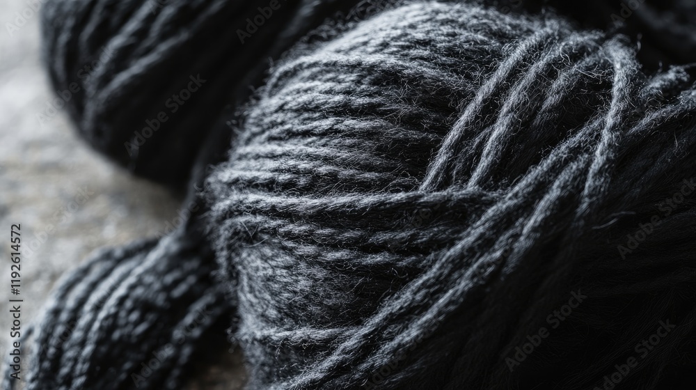 Poster macro shot of intertwined black wool threads creating a textured background on a grey surface for cr