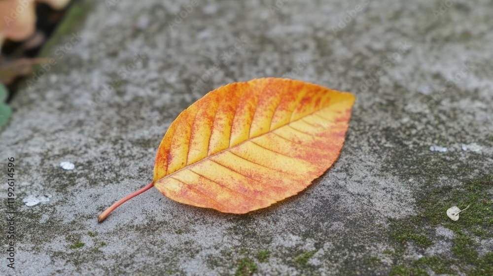 Poster Autumn leaf on textured surface with beautiful bokeh effect created by out-of-focus greenery in the background