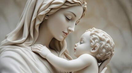 Serene Madonna and Child statue. White marble sculpture, religious art, mother and baby, peaceful, tender, faith, hope, love
