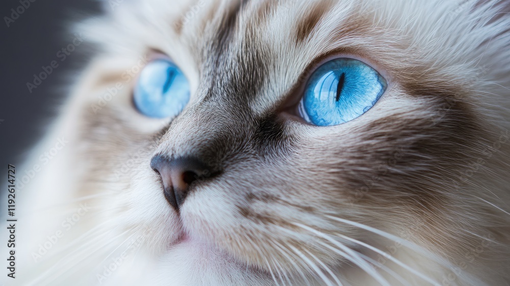 Aufkleber Close-up of a beautiful feline with striking azure blue eyes showcasing its unique features and captivating expression.