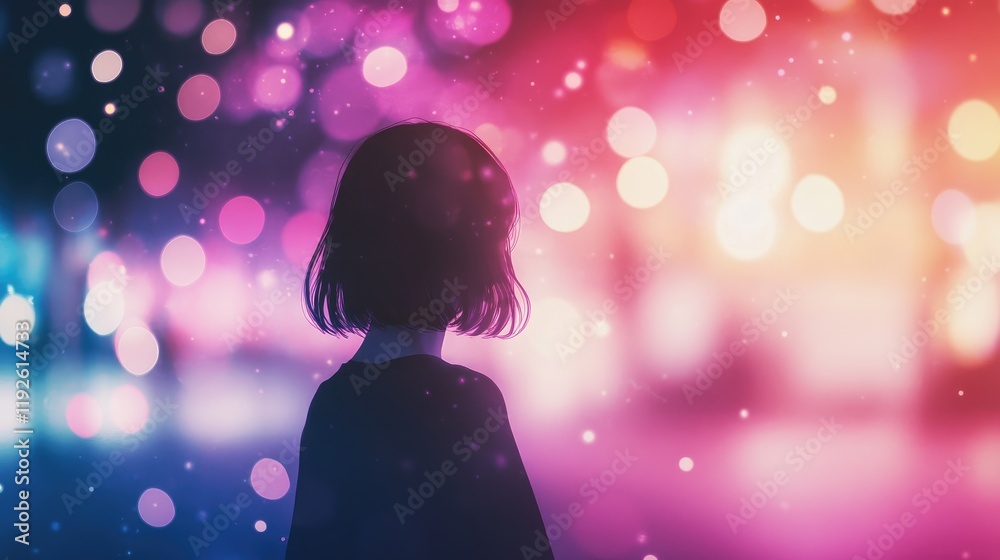 Poster Colorful bokeh light abstract background with silhouette of a person creating a dreamy and artistic atmosphere