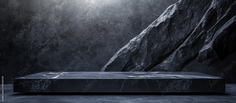 Aufkleber Black stone display stand with dramatic lighting for product showcase and animation background featuring ample space for text and visuals