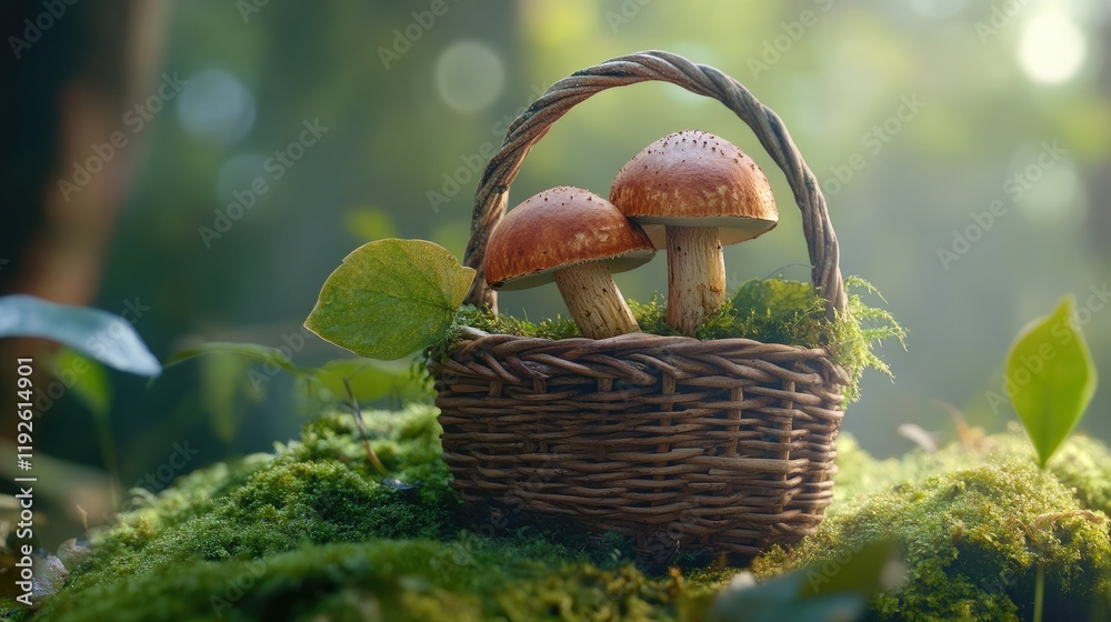 Poster boletus mushrooms in a rustic basket resting on lush green moss in a serene forest environment