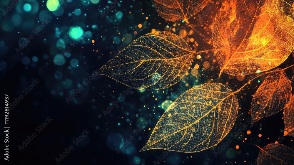 Poster bokeh leaf background with warm tones and glowing particles ideal for website banners or eco-friendl
