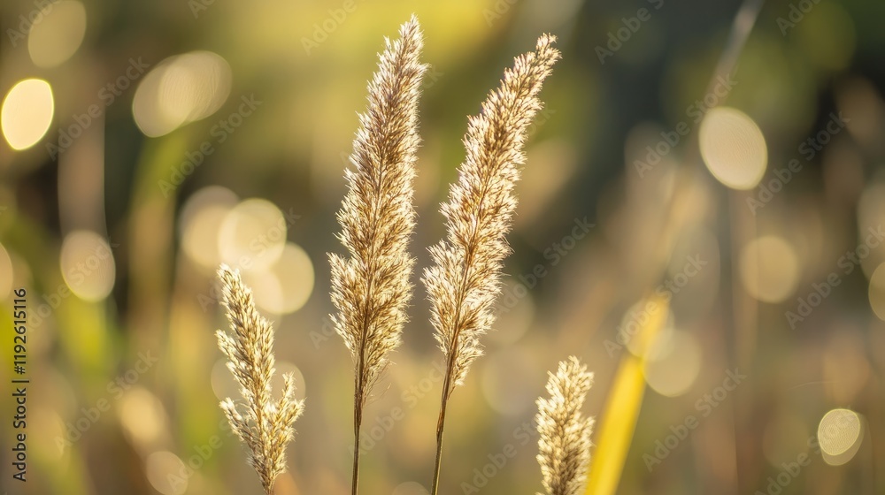 Poster Golden grasses illuminated by soft bokeh lights in a serene natural background creating a tranquil and dreamy atmosphere.