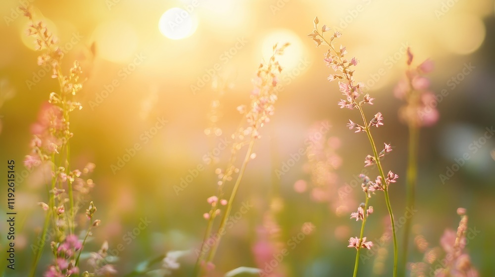 Poster soft floral bokeh with delicate pink flowers illuminated by golden sunlight creating a dreamy spring