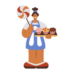 Confectioner holding cupcake tray and big lollipop, illustration in flat style 

