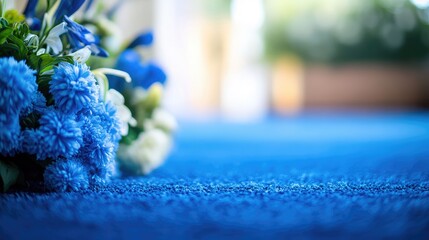 Vibrant blue carpet detail with floral arrangement at a serene memorial service setting for remembrance and reflection.