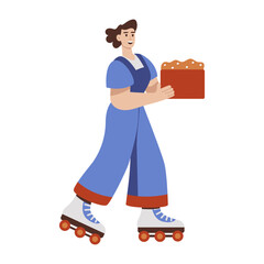 A flat illustration of a delivery girl wearing skates 

