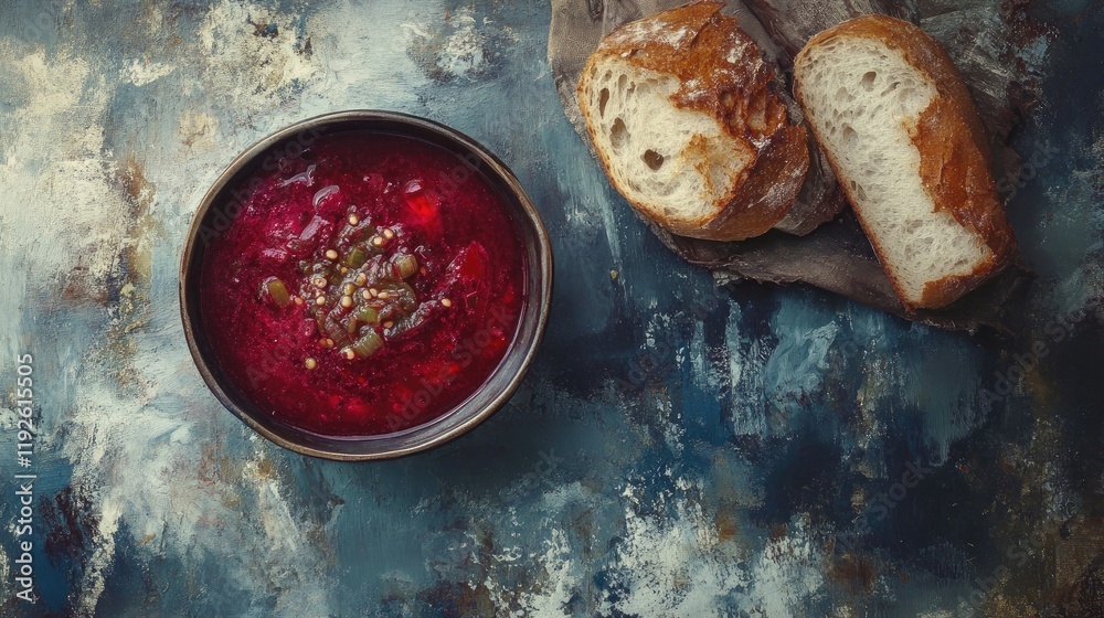 Poster bowl of vibrant red borscht with multigrain bread on a textured tabletop for a rustic culinary scene