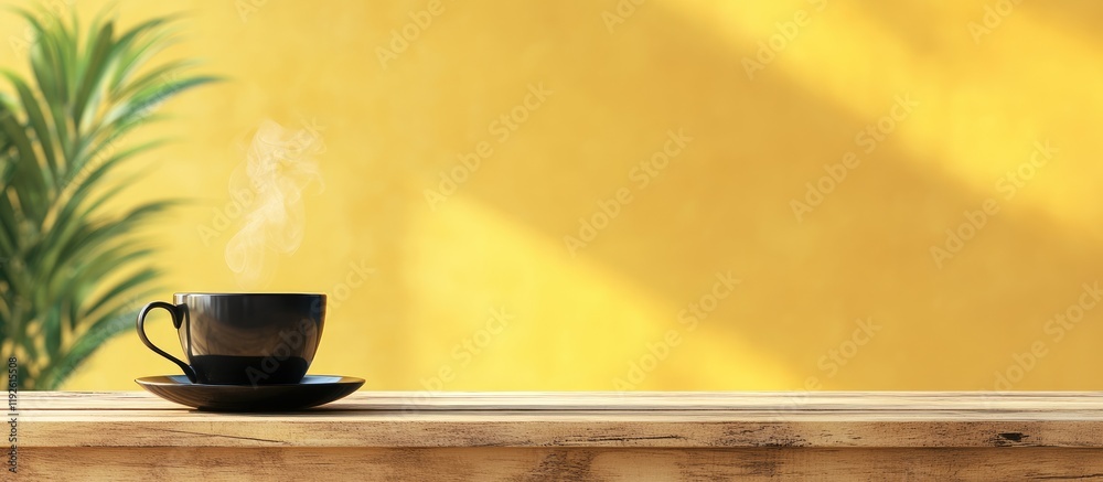 Aufkleber steam rising from black coffee cup on table with bright yellow background and ample copyspace for te