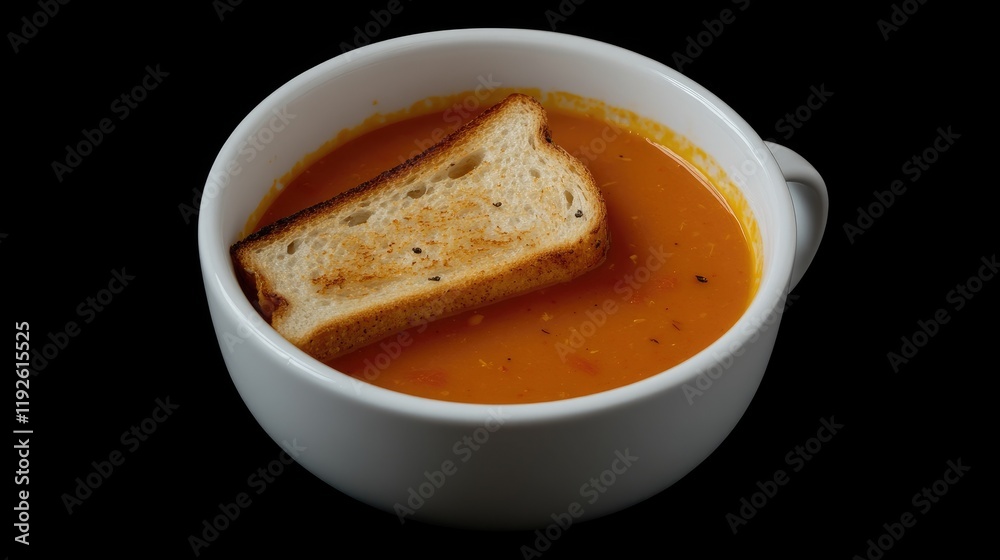 Poster bowl of vibrant orange soup with toasted bread slice on a sleek black background conveying warmth an