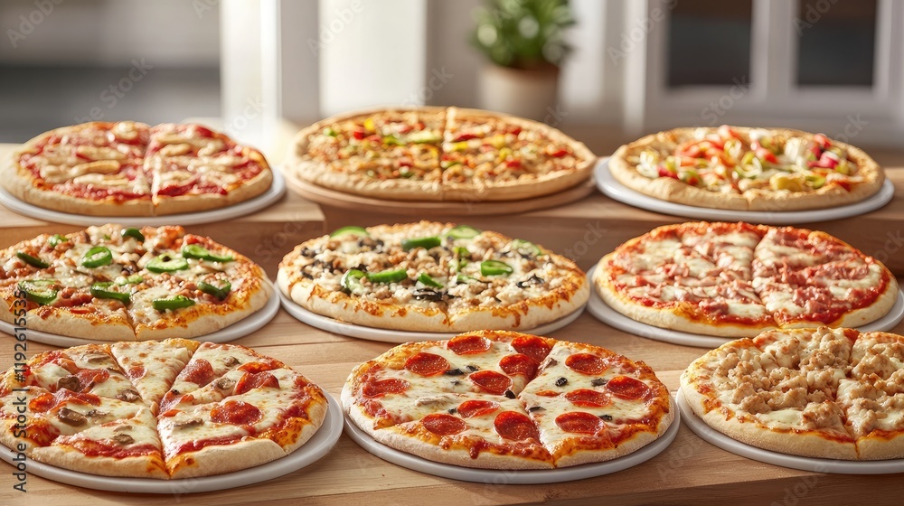 Poster assorted gourmet pizzas displayed on wooden table showcasing diverse toppings and textures perfect f