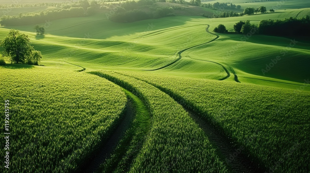 Poster lush green landscape with rolling hills and serene paths in a natural setting