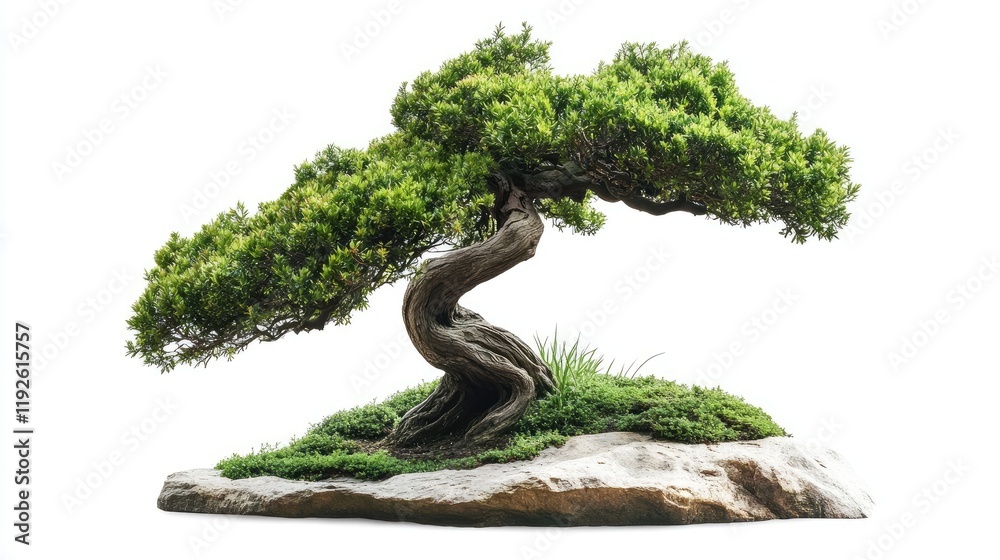 Poster bonsai tree in bending style on rocky base with lush greenery and isolated white background for natu