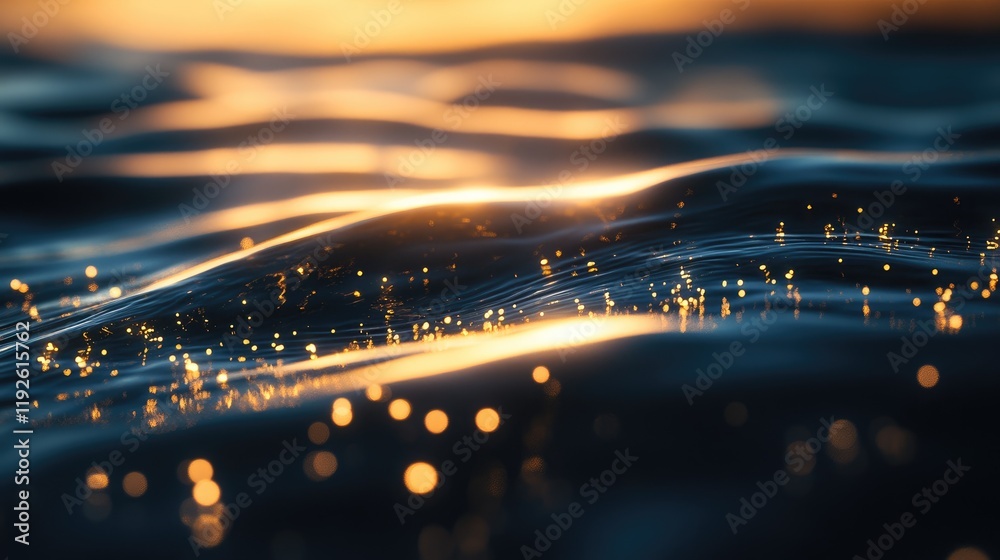 Poster Bokeh lights shimmering on water surface creating a dreamy abstract wave effect at sunset for a tranquil atmosphere