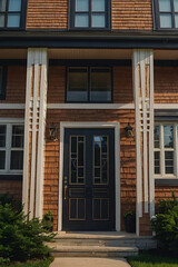 Charming House Exterior with Dark Door and Brick Facade