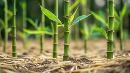 Bamboo shoots emerging in an organic agriculture garden on a straw-filled ground showcasing sustainable farming practices and growth.