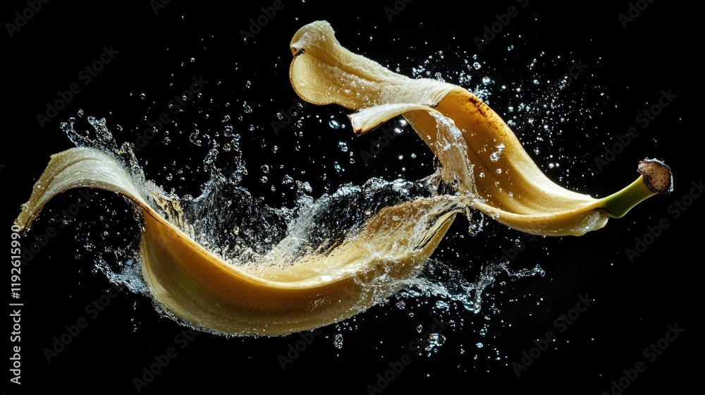 Poster Banana Peel Creating Dynamic Splash Effect with Water Against Dark Background