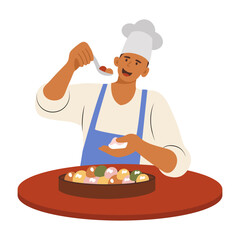 A chef tasting food illustration in flat style 


