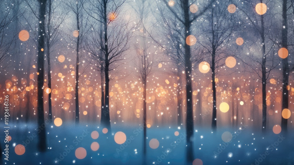 Aufkleber Magical winter forest scene with bokeh lights and gentle snowfall creating a serene and enchanting atmosphere in nature.