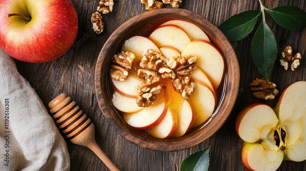 Poster Fresh yogurt bowl topped with apple slices walnuts and honey on wooden table with honey dipper and fresh apples in the background